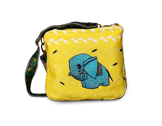 Wandering Elephant denim fabric hand crafted sling bag