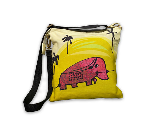 Elephant in sun denim fabric hand crafted sling bag