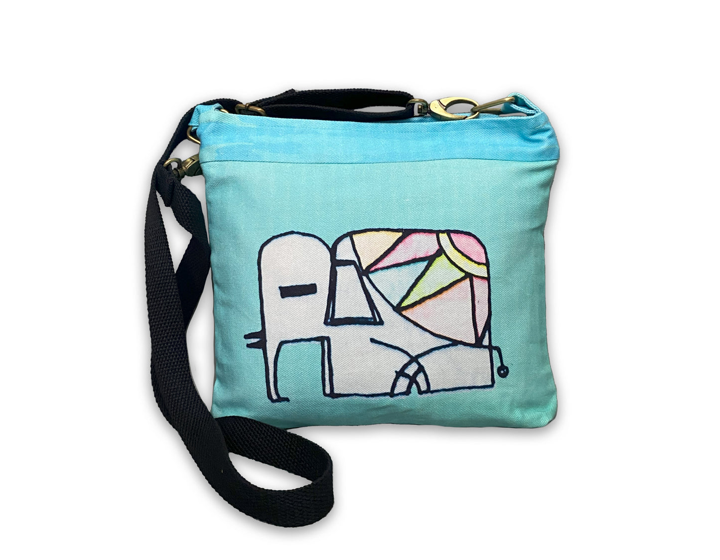 Stained glass elephant denim fabric hand crafted sling bag